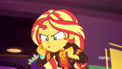 Size: 1366x768 | Tagged: safe, screencap, sunset shimmer, equestria girls, equestria girls specials, g4, my little pony equestria girls: better together, my little pony equestria girls: sunset's backstage pass, angry, discovery family logo, shrunken pupils, wristband