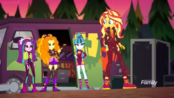 Size: 1366x768 | Tagged: safe, screencap, adagio dazzle, aria blaze, sonata dusk, sunset shimmer, equestria girls, equestria girls specials, g4, my little pony equestria girls: better together, my little pony equestria girls: sunset's backstage pass, discovery family logo, dodge a100, female, geode of empathy, magical geodes, music festival outfit, the dazzlings, the dazzlings tour bus, van
