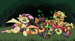 Size: 2909x1601 | Tagged: safe, artist:lavenderrose, applejack, fluttershy, tree hugger, oc, oc:whip-poor-whill, bat pony, pony, timber pony, timber wolf, g4, alternate cutie mark, assimilation, bat ponified, bat pony oc, chest fluff, clothes, corrupted, fangs, female, flutterbat, forest, glowing eyes, jewelry, lidded eyes, mare, mind control, music notes, necklace, open mouth, prone, race swap, species swap, timber wolfified, timberjack