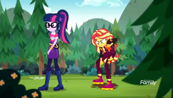 Size: 1366x768 | Tagged: safe, screencap, sci-twi, sunset shimmer, twilight sparkle, equestria girls, equestria girls series, g4, sunset's backstage pass!, spoiler:eqg series (season 2), discovery family logo, forest, geode of empathy, geode of telekinesis, magical geodes, mud, pointing, yelling