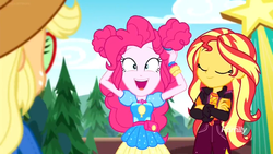 Size: 1366x768 | Tagged: safe, screencap, applejack, pinkie pie, sunset shimmer, equestria girls, equestria girls specials, g4, my little pony equestria girls: better together, my little pony equestria girls: sunset's backstage pass, discovery family logo, excited, sunglasses