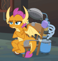 Size: 400x418 | Tagged: safe, edit, edited screencap, screencap, smolder, dragon, a horse shoe-in, animated, asking, chair, claws, cropped, crossed arms, crossed legs, disappointed, dragoness, fangs, female, frown, gif, glare, hand on chin, horns, invention, laboratory, pouting, raised eyebrow, shrug, sitting, smolder is not amused, solo, spread wings, teenaged dragon, teenager, toes, unamused