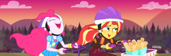 Size: 2348x768 | Tagged: safe, edit, edited screencap, screencap, pinkie pie, sunset shimmer, equestria girls, equestria girls specials, g4, my little pony equestria girls: better together, my little pony equestria girls: sunset's backstage pass, bike helmet, churros, discovery family logo, evening, forest background, helmet, panorama, riding, tandem bicycle