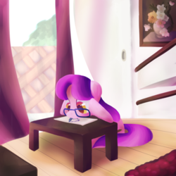 Size: 1733x1730 | Tagged: safe, artist:andromedasparkz, oc, oc only, oc:amber brush, earth pony, pony, atg 2019, curtains, drawing, female, glasses, mare, newbie artist training grounds, paper, pen, rug, solo, table, wardrobe