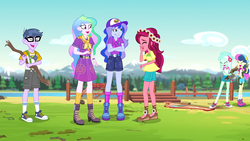 Size: 1280x720 | Tagged: safe, screencap, bon bon, gloriosa daisy, lyra heartstrings, micro chips, princess celestia, princess luna, principal celestia, sweetie drops, vice principal luna, equestria girls, g4, legend of everfree - bloopers, my little pony equestria girls: legend of everfree, animated actors, boots, camp everfree logo, camp everfree outfits, clothes, converse, crystal prep academy students, crystal prep shadowbolts, female, flower, flower in hair, glasses, laughing, legs, male, shoes, shorts, sky, sneakers, socks