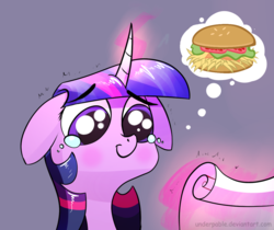 Size: 1200x1006 | Tagged: safe, artist:underpable, edit, twilight sparkle, pony, g4, burger, female, floppy ears, food, scroll, solo, twilight burgkle