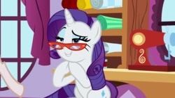 Size: 1920x1080 | Tagged: safe, screencap, rarity, pony, unicorn, she's all yak, carousel boutique, cloth, female, glasses, grin, hooves together, lidded eyes, mannequin, mare, raised eyebrow, rarity's glasses, sewing machine, sitting, smiling, solo, window