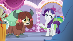 Size: 1920x1080 | Tagged: safe, screencap, rarity, yona, yak, g4, she's all yak, carousel boutique, cloven hooves, duo, eyeshadow, female, frown, horns, looking sideways, looking up, makeup, mare, monkey swings, raised hoof, teenager
