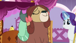 Size: 1920x1080 | Tagged: safe, screencap, rarity, yona, pony, unicorn, yak, g4, she's all yak, bow, carousel boutique, duo, eyes closed, female, frown, hair bow, horns, mare, measuring tape, monkey swings, smiling, teenager