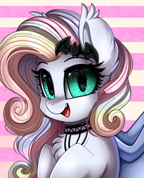 Size: 1424x1764 | Tagged: safe, artist:pridark, oc, oc only, oc:spectral prism, bat pony, pony, bat pony oc, bust, commission, cute, female, happy, mare, ocbetes, open mouth, portrait, smiling, solo