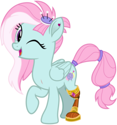 Size: 3000x3200 | Tagged: safe, alternate version, artist:cheezedoodle96, kerfuffle, pegasus, pony, g4, rainbow roadtrip, .svg available, amputee, cute, ear piercing, earring, female, fufflebetes, high res, jewelry, mare, missing accessory, one eye closed, piercing, pincushion, prosthetic leg, prosthetic limb, prosthetics, raised hoof, scar, scrunchie, simple background, solo, svg, tail wrap, transparent background, vector, wink