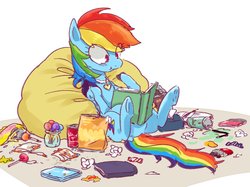 Size: 1110x832 | Tagged: safe, artist:nota_mano, rainbow dash, pegasus, pony, g4, 3ds, beanbag chair, book, candy, cute, dashabetes, eating, eye clipping through hair, female, food, jewelry, lollipop, mare, messy, messy eating, necklace, no pupils, reading, sitting, snacks, soda, solo