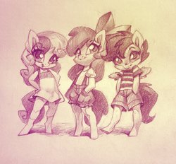 Size: 1911x1772 | Tagged: safe, artist:holivi, apple bloom, scootaloo, sweetie belle, earth pony, pegasus, unicorn, anthro, unguligrade anthro, g4, bow, clothes, cutie mark crusaders, dress, female, filly, foal, hair bow, hand in pocket, puffy sleeves, shirt, shorts, sketch, t-shirt, trio