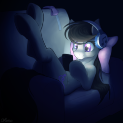Size: 2000x2000 | Tagged: safe, artist:ohemo, octavia melody, earth pony, pony, g4, atg 2019, cellphone, couch, dark, eye clipping through hair, female, headphones, high res, implied vinyl scratch, ipod, listening, mare, music, newbie artist training grounds, on back, phone, solo