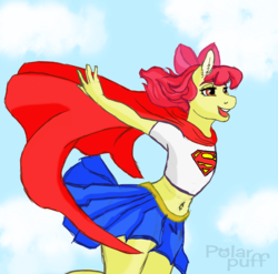 Size: 6000x5921 | Tagged: safe, artist:polar puff, apple bloom, earth pony, anthro, g4, belly button, bow, cape, clothes, cute, flying, hair bow, midriff, miniskirt, pleated skirt, skirt, skirt lift, sky, superfilly, supergirl