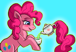 Size: 579x397 | Tagged: safe, artist:karnelia, pinkie pie, earth pony, pony, g4, chest fluff, cup, female, food, heart, how, mare, pinkie being pinkie, pouring, prehensile tail, simple background, solo, tail hold, tea, teacup, teapot