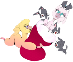 Size: 959x815 | Tagged: safe, artist:cutegraphite, paprika (tfh), pom (tfh), alpaca, dog, lamb, sheep, them's fightin' herds, cloven hooves, community related, fangs, female, open mouth, simple background, smiling, tongue out, transparent background