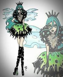 Size: 811x985 | Tagged: safe, queen chrysalis, changeling, changeling queen, human, equestria girls, g4, art, catwalk, fashion, female, goth, humanized, sketch, wings, zoom layer