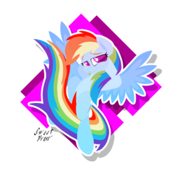 Size: 2572x2542 | Tagged: safe, artist:sweetbrew, rainbow dash, pegasus, pony, g4, abstract background, colored pupils, female, flying, high res, hooves behind head, mare, solo, spread wings, sticker, wings