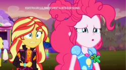 Size: 1280x719 | Tagged: safe, screencap, pinkie pie, sunset shimmer, equestria girls, equestria girls series, g4, sunset's backstage pass!, spoiler:eqg series (season 2), background human, crying, discovery kids, geode of sugar bombs, magical geodes, nostrils, sad, spanish, spanish text