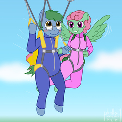 Size: 1000x1000 | Tagged: safe, artist:phallen1, oc, oc:software patch, oc:windcatcher, anthro, unguligrade anthro, atg 2019, blushing, clothes, couple, flying, jumpsuit, newbie artist training grounds, parachute, sky, windpatch