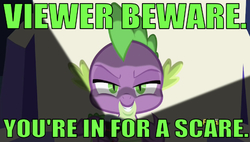 Size: 639x362 | Tagged: safe, edit, edited screencap, editor:undeadponysoldier, screencap, spike, dragon, dungeons and discords, g4, caption, castle, colored text, discovery family logo, evil, evil smile, flashlight (object), goosebumps, green text, grin, image macro, looking at you, male, meme, reference, smiling, solo, talking to viewer, text
