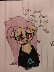 Size: 3456x4608 | Tagged: safe, artist:sharpi, fluttershy, pony, g4, female, homestuck, lined paper, solo, terezi pyrope, traditional art