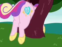 Size: 1280x977 | Tagged: safe, artist:/d/non, edit, princess cadance, alicorn, pony, g4, fat, female, lovebutt, mare, princess decadence, solo, stuck, the ass is monstrously oversized for tight entrance, tree, underhoof