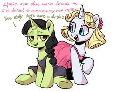 Size: 1600x1200 | Tagged: safe, artist:oofycolorful, broomhilda, glinda, pony, unicorn, between dark and dawn, g4, chest fluff, clothes, dialogue, dress, duo, duo female, elphaba, female, glinda the good witch, leg fluff, mare, ponified, wicked