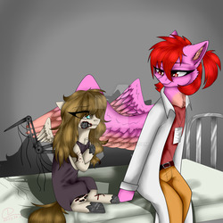 Size: 1024x1024 | Tagged: safe, artist:deyshi887, oc, oc only, cyborg, pegasus, pony, bed, bedroom eyes, belt, brown mane, brown tail, clothes, duo, duo female, eyebrows, eyebrows visible through hair, female, girly girl, happy, jeans, lab coat, pants, pink fur, ponified, red mane, sad, scp foundation, scp-191, smiling, tomboy, turquoise eyes