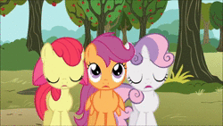 Size: 1280x720 | Tagged: safe, screencap, apple bloom, hondo flanks, scootaloo, sweetie belle, earth pony, pegasus, pony, unicorn, g4, one bad apple, animated, crying, cutie mark crusaders, female, filly, male, mini marshmelodrama, nose in the air, ocular gushers, sound, stallion, umbrella, webm