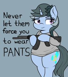 Size: 900x1020 | Tagged: safe, artist:blitzyflair, oc, oc only, oc:blitzy flair, pony, unicorn, bottomless, clothes, female, gun, mare, meme, no pants, partial nudity, simple background, solo, sweater, text, we don't normally wear clothes, weapon, wide hips