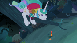 Size: 1920x1080 | Tagged: safe, edit, edited screencap, screencap, princess celestia, alicorn, bird, pony, between dark and dawn, g4, alektorophobia, bare hooves, heihei, looking down, moana, ponytail, rooster, scared, sitting in a tree, tail, tail bun, that princess sure is afraid of chickens, tree, tree branch