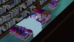 Size: 1920x1080 | Tagged: safe, screencap, spike, twilight sparkle, alicorn, dog, equestria girls, g4, my little pony equestria girls, blanket, book, bookshelf, clothes, female, library, male, paws, shoes, spike the dog, tail, twilight sparkle (alicorn)