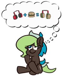 Size: 900x1050 | Tagged: safe, artist:threetwotwo32232, oc, oc only, oc:bright idea, earth pony, pony, atg 2019, burger, female, food, hamburger, headphones, mare, newbie artist training grounds, simple background, solo, thinking, transparent background