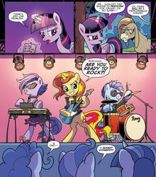 Size: 792x900 | Tagged: safe, artist:pencils, idw, blue beats, cranky doodle donkey, key note, mayor mare, pinkie pie, sunset shimmer, synthcord, twilight sparkle, alicorn, pony, unicorn, g4, spoiler:comic, spoiler:comic79, background pony, bass guitar, bipedal, clothes, drums, exclamation point, guitar, hoof shoes, interrobang, jacket, musical instrument, question mark, rock (music), sunset shredder, twilight sparkle (alicorn)