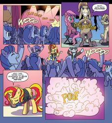 Size: 798x876 | Tagged: safe, artist:pencils, idw, blue beats, cranky doodle donkey, key note, sunset shimmer, synthcord, donkey, pony, unicorn, g4, spoiler:comic, spoiler:comic79, background pony, bass guitar, female, filly, guitar, horse puns, male, mare, musical instrument, stallion, sunset shredder, unnamed character, unnamed pony