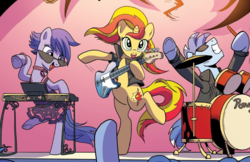 Size: 797x516 | Tagged: safe, artist:pencils, idw, blue beats, key note, sunset shimmer, synthcord, earth pony, pony, unicorn, g4, spoiler:comic, spoiler:comic79, bass guitar, bipedal, dexterous hooves, drum kit, drums, female, guitar, hoof hold, human pose, keyboard, male, mare, musical instrument, rock (music), stallion, standing, standing on one leg, sunset shredder, trio