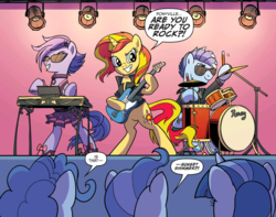 Size: 1269x998 | Tagged: safe, artist:pencils, idw, blue beats, key note, mayor mare, pinkie pie, sunset shimmer, synthcord, twilight sparkle, alicorn, earth pony, pegasus, pony, unicorn, g4, spoiler:comic, spoiler:comic79, bipedal, clothes, drum kit, drums, female, guitar, hoof hold, jacket, keyboard, leather jacket, male, mare, musical instrument, pleated skirt, rock (music), shoes, skirt, stallion, sunglasses, sunset shredder, twilight sparkle (alicorn)