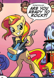 Size: 490x707 | Tagged: safe, artist:pencils, idw, blue beats, sunset shimmer, pony, unicorn, g4, spoiler:comic, spoiler:comic79, bipedal, clothes, cropped, drums, female, grin, guitar, hoof hold, jacket, leather jacket, male, mare, musical instrument, rock (music), smiling, solo focus, stallion, sunset shredder