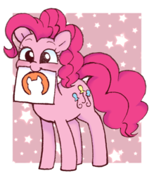 Size: 1049x1200 | Tagged: safe, artist:ch-chau, pinkie pie, earth pony, pony, g4, abstract background, blushing, curiouscat, cute, diapinkes, drawing, female, happy, mare, mouth hold, paper, solo, stars