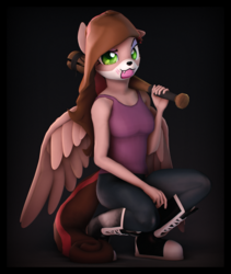 Size: 1820x2160 | Tagged: safe, artist:imafutureguitarhero, oc, oc only, oc:vixen, pegasus, anthro, plantigrade anthro, 3d, anthro oc, baseball bat, boots, border, brown hair, chromatic aberration, clothes, colored eyebrows, colored wings, commission, eyeshadow, face mask, female, film grain, floppy ears, kneeling, lidded eyes, looking at you, makeup, mare, meme mask, multicolored hair, multicolored mane, multicolored tail, pants, raised eyebrow, shoes, signature, solo, source filmmaker, tank top, wings