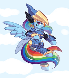 Size: 1500x1700 | Tagged: safe, artist:avonir, rainbow dash, pegasus, pony, g4, armor, female, looking at you, midair, midriff, overwatch, pharah, solo, spread wings, wings