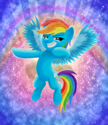 Size: 2925x3375 | Tagged: safe, artist:spellboundcanvas, rainbow dash, pegasus, pony, g4, my little pony: rainbow roadtrip, cloud, crepuscular rays, eyebrows, grin, high res, rainbow, smiling, sparkles, squint, teeth