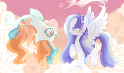 Size: 3067x1813 | Tagged: safe, artist:6-fingers-lover, oc, oc only, oc:smooth blue, oc:star tail, pegasus, pony, cloud, female, flying, glasses, half-siblings, magical lesbian spawn, mare, offspring, parent:rainbow dash, parent:sunset shimmer, parent:twilight sparkle, parents:sunsetdash, parents:twidash, siblings, sisters