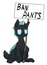 Size: 745x1024 | Tagged: safe, artist:senaelik, changeling, blue changeling, cel shading, exploitable, shading, sign, simple background, sitting, solo, transparent background, we don't normally wear clothes