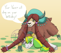 Size: 2300x2000 | Tagged: safe, artist:azurllinate, yona, oc, oc:sol bright, pony, unicorn, yak, g4, age difference, anklet, birthday, blue eyes, blushing, braid, canon x oc, cloven hooves, confident, crushing, female, grin, hazel eyes, high res, hooves, interspecies, long hair, long mane, looking at each other, male, older yona, on top, ponytail, size difference, smiling, solna, speech, speech bubble, squished, straight, sweat, two toned mane, unicorn oc