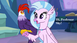 Size: 800x450 | Tagged: safe, edit, edited screencap, editor:korora, screencap, edith, silverstream, classical hippogriff, cockatrice, hippogriff, g4, student counsel, book, cute, diabedith, diastreamies, female, implied fluttershy, jewelry, necklace, red eyes, speech, treehouse of harmony