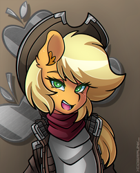 Size: 3000x3700 | Tagged: safe, artist:ciderpunk, applejack, earth pony, pony, g4, bandana, bust, clothes, cutie mark background, cyberpunk, high res, looking at you