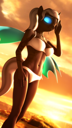 Size: 1080x1920 | Tagged: safe, artist:jacob_lhh3, oc, oc only, oc:dragonfly, changeling, anthro, plantigrade anthro, 3d, belly button, bikini, changeling oc, clothes, female, glowing eyes, nexgen, ponytail, solo, source filmmaker, swimsuit, tattoo, wings